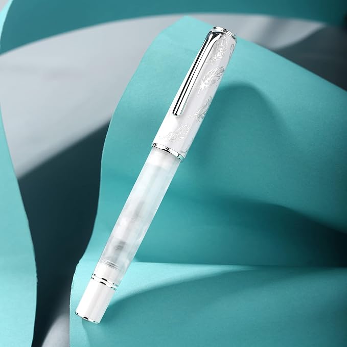 HONG DIAN N8 White Acrylic Resin Fountain Pen, Iridium Medium Nib Silver Plated Feather Carving Cap Smooth Writing Pen with Converter and Metal Pen Box Set