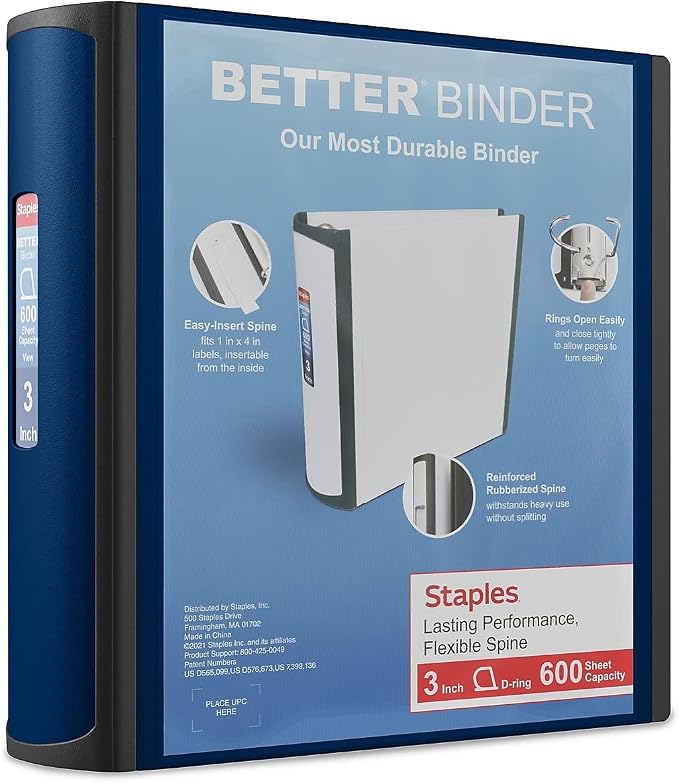 Staples Better Binder, 3" D‑Ring 3‑Ring Binder, Blue, Reinforced Rubber Spine, Heavy‑Duty Design, Holds up to 600 Sheets for School & Office