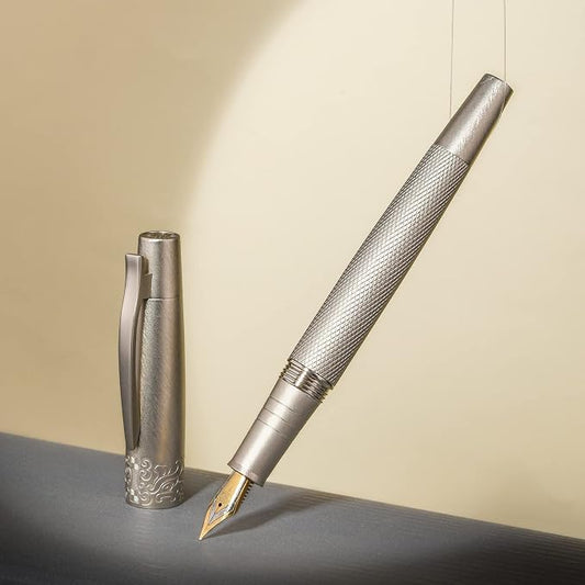 Hongdian 6013 Silver General Fountain Pen, Iridium Gold-silver Medium Nib Solid Metal Writing Pen with Metal Case