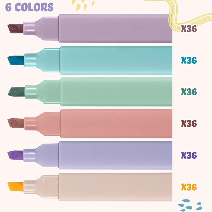 Marspark 216 Pcs Highlighters Bulk Chisel Tip Aesthetic No Bleed Cute Color Marker Pens for Journal Planner Notes School Study Office Supplies(Boho Colors)