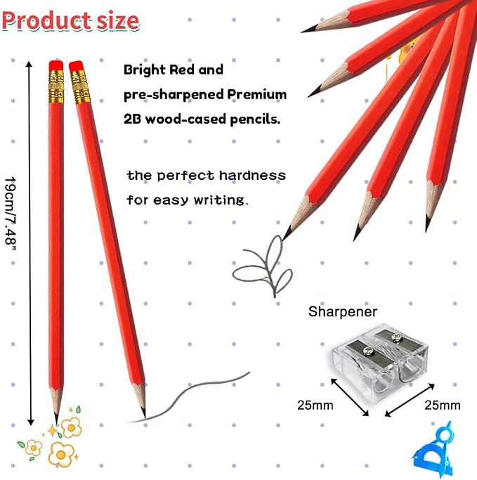 Adhere 25pcs Woodcase Pencils with Eraser Premium Pre-Sharpened Hexagon Graphite 2B pencils ideal for home, office writing including a Free Sharpener