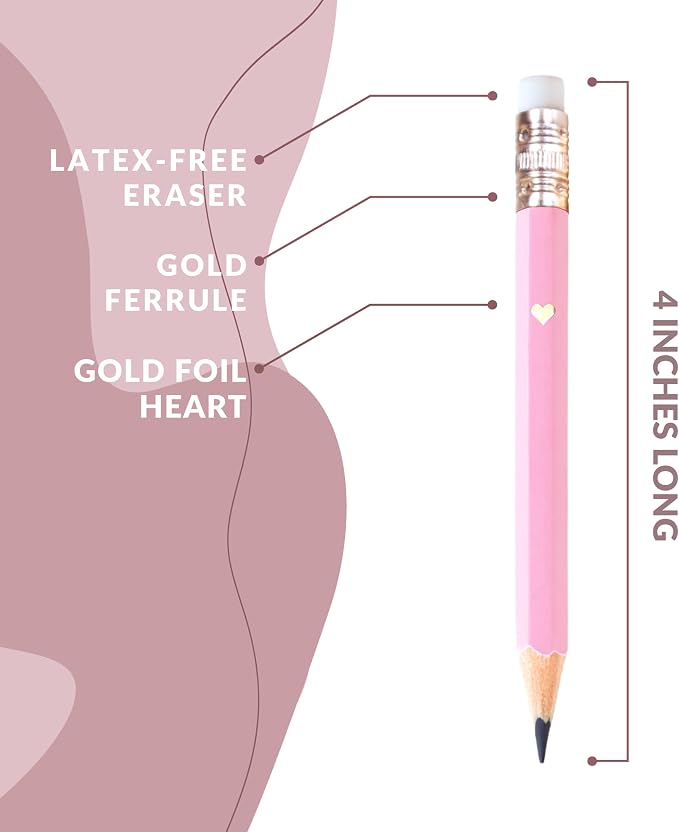 Heart Pencils for Baby Shower Games and Bridal Shower Games, Mini Pencils, Small Pink Pencil Set For Game Prizes, Bridal Pens (Pink)