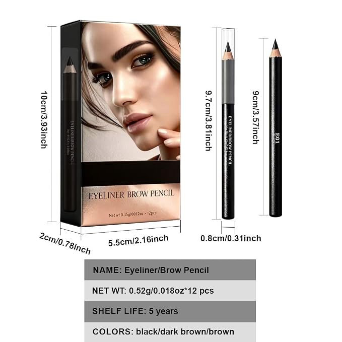 12Pcs Black Eyebrow Pencils for Women, Wooden Hard-Core Eyebrow and Eyeliner Pencil, Long Lasting Waterproof and Sweat-Proof, Beginner Makeup Brow Pencil (Black)