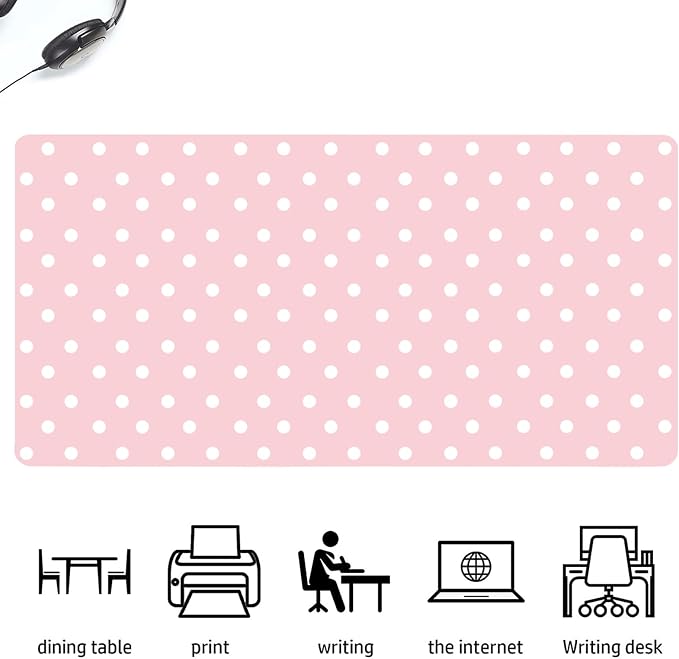 White Polka Dot Leather Desk Mat Extended Gaming Mouse Pad | Non-slip Large Writing Pad Laptop Blotter Computer Keyboard Mat | Cute Pink Desk Protector for Home Office 31.5" x 15.7"