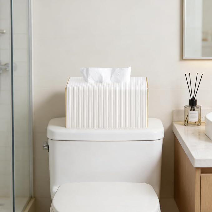 Extra Large Rectangle PU Leather Tissue Box Cover with Magnetic Closure, Decorative Tissue Holder & Storage Container for Bedroom, Living Room, Dining Room, Bathroom, Countertop, Desk & Office (White)
