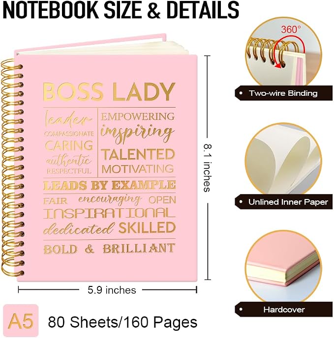 Boss Lady 160 Blank Pages Pink Gold Hardcover Spiral Notebook, New Business Owner Gifts Women Boss Gifts for Boss Female, Appreciation Gifts for Women Entrepreneurs, Boss Day Gifts