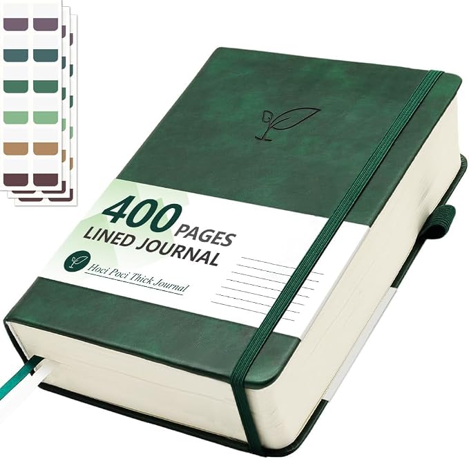 Hoci Poci 400 Pages Lined Journal Notebook, 5.8" x 8.4", Green | Thick Journal for Writing, A5 Hardcover Leather Notebook with 100Gsm College Ruled Paper for Women Men Work Note taking