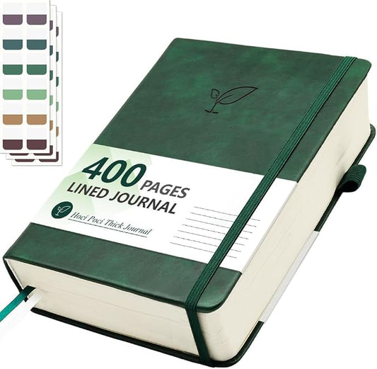 Hoci Poci 400 Pages Lined Journal Notebook, 5.8" x 8.4", Green | Thick Journal for Writing, A5 Hardcover Leather Notebook with 100Gsm College Ruled Paper for Women Men Work Note taking