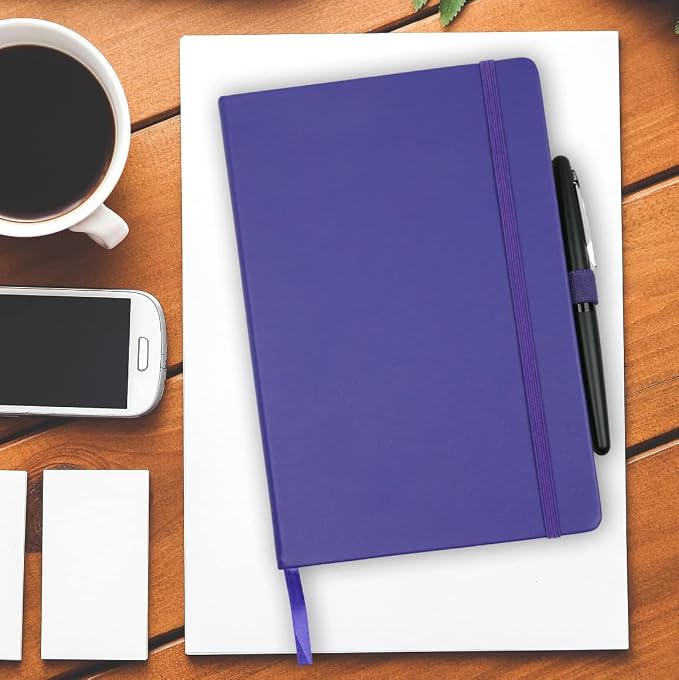 RICCO BELLO Lined Journal Notebook, Purple, 5.7 x 8.4-Inches | Faux Leather Hardcover, College Ruled, 96 Sheets / 192 Pages, Pen Holder, For Work & Notes