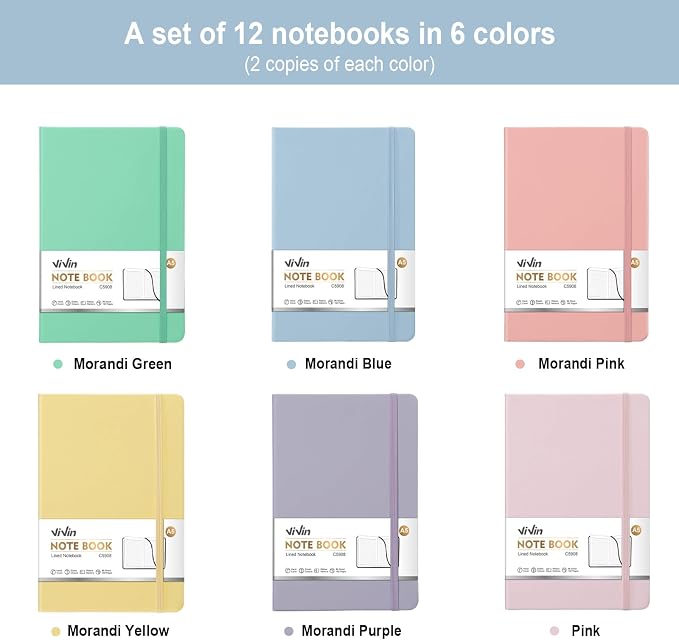 ViVin Lined Journal Notebooks for Professional Office Work,192 Pages,Medium 5.5 x 8.3 inch,College Ruled,A5 Hardcover Journaling Notebooks for Writing,12 Pack Bulk