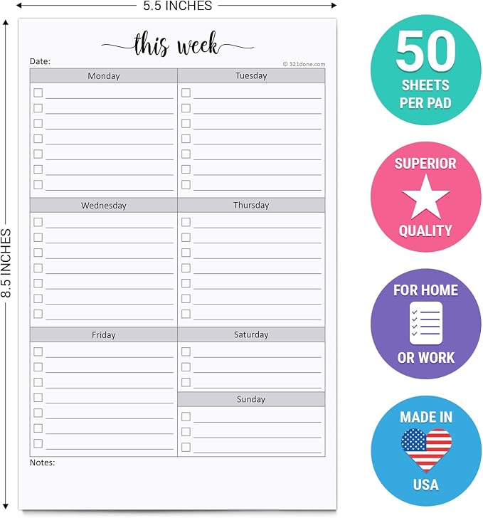 321Done Weekly Checklist Notepad, 5.5x8.5 Size Pad - 50 Tear-Off Sheets, Undated Monday-Sunday Schedule, Daily Task Planner for Home, Office & Student Use - Made in USA