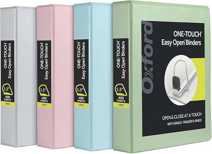 Oxford 3 Ring Binders, Binders for School, 1.5 Inch ONE-Touch Easy Open D Rings, 3-Sided View Binder Covers, Xtralife Hinge, Non-Stick, PVC-Free, Natural Pastels, 375-Sheet Capacity, 4 Pack (79918)