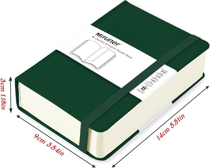 Mix Media Pad,3.5"x5.5" Small Hardcover Leather Art Sketchbook,105 GSM 200 Sheets/400 Pages Acid Free Artistic Painting Drawing Sketching Writing Paper, Handy Pocket Journal Notebook.Blackish Green