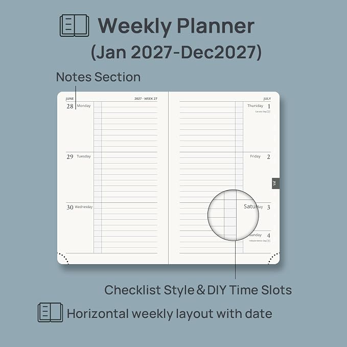 POPRUN 2027 Pocket Planner Weekly and Monthly (Purse Size-4'' x 6.25'') | Pocket Daily Calendar (Jan 2027 - Dec 2027) Appointment Book with Lined Sections, Leather Hardcover, 100GSM - Orange