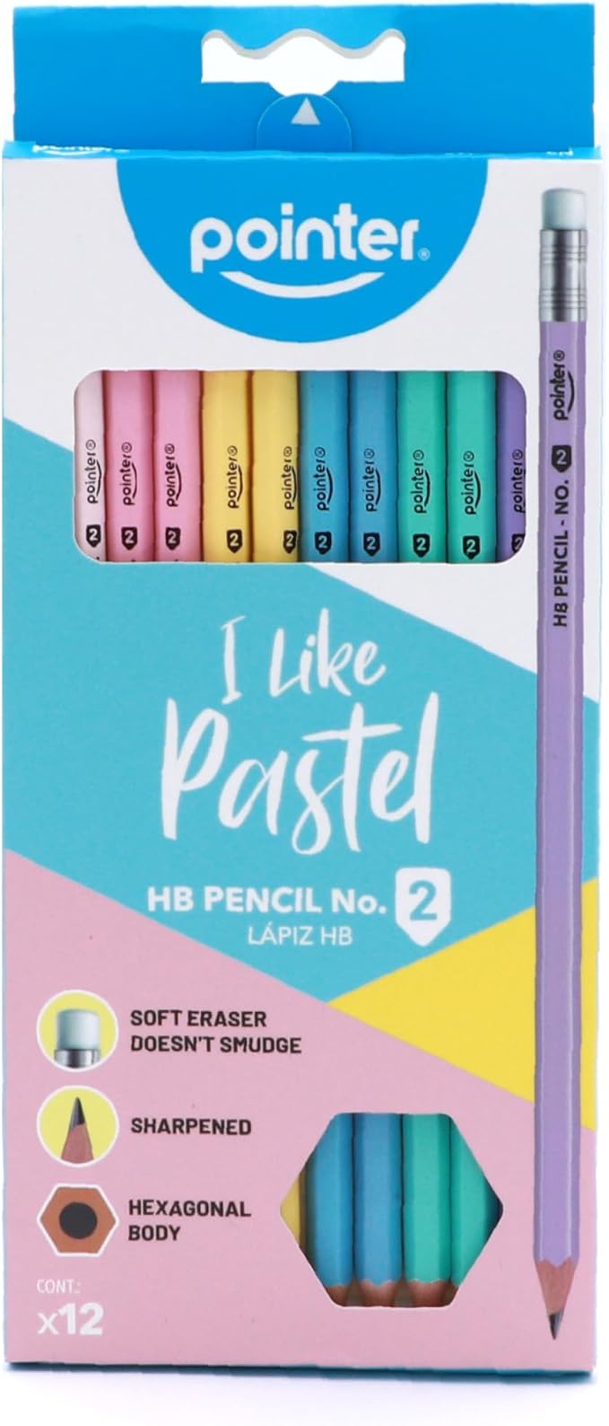 Pointer Pastel HB Pencils with Soft Eraser, Hexagonal Body, Pre-Sharpened, Assorted Colors, 12 Count | #2 HB Writing Core Pre-Sharpened Tips Built-In Erasers Hexagonal Anti-Roll Design Back to School Essential