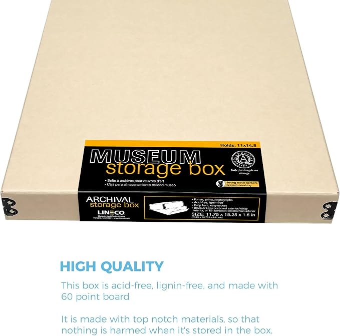 Lineco Museum Archival Storage Box, Drop Front, 11.75x15.25x1.5 in, Tan | Acid-Free with Metal Edge, Preserves Picture Longevity, Organize Photos, Newspapers, Prints, Documents, Crafts, DIY