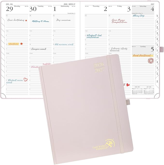 POPRUN 2026-2027 Academic Planner, Large Size 8.5" x 10.5", Weekly and Monthly Calendar, July 2026 to June 2027, Hardcover Appointment Book with Vertical Layout, Hourly Time Slots, Monthly Tabs - Light Pink