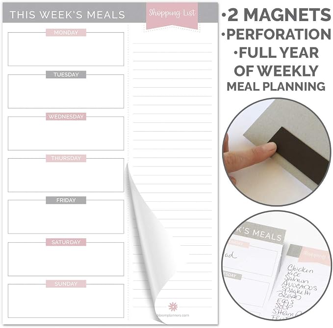 bloom daily planners Weekly Meal Planning Pad - Magnetic Hanging Refrigerator Menu Planner with Tear-Off Sheets & Perforated Grocery Shopping Lists - 6” x 9” (Grey & Pink)