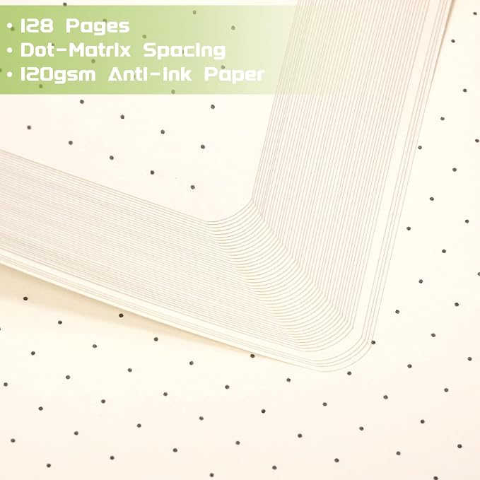 Dotted Journal/Notebook - Dot Grid Hard Cover Notebook, Premium Thick Paper with Fine Inner Pocket, Black Smooth Faux Leather, Pen Loop, 5.3'' x 8.26'' - Light Green