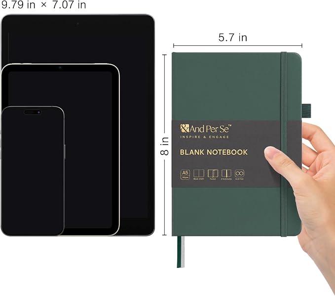 &And Per Se Blank Sketch Notebook, A5 Hardcover, 160 Pages 100gsm Thick Paper, Unlined Journal for Drawing, Doodling, Hand Lettering – Creative Gift for Artists, Designers, Writers (Green)