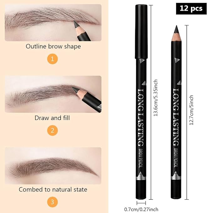 12Pcs Eyebrow Pencils for Women, Wooden Hard-Core Black Eyebrow and Eyeliner Pencil, Long Lasting Waterproof and Sweat-Proof, Beginner Makeup Brow Pencil, Create a Natural Eye Brow Makeup