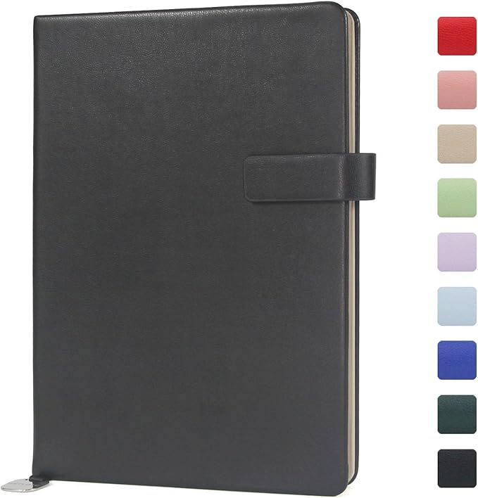 A5 Hard Cover Lined Notebook, Pen Holder & Gold Edges, 180° Lay Flat Journal, Large 5.7 x 8.4 in, Bookmark & Gift Box, Business Notebook for Work, Study, Travel(Black)