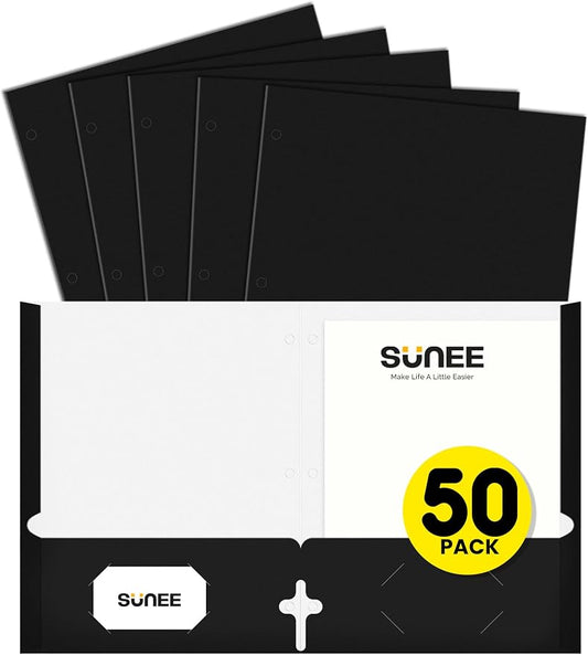 SUNEE Folders with Pockets 3 Hole Punched(50 Pack, Black), 2 Pocket Folders Fit Letter Size Paper, Paper File Folder for School Office Home Business