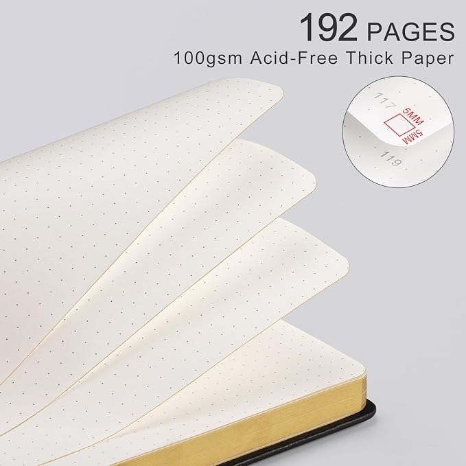 Dotted Journal Notebook for Women Men, 192 Pages, A5 (5.7'' x 8.3'') | Hardcover Leather Notebook with 100GSM Thick Paper for Traveling, Journaling, Planning, Tracking (Black)