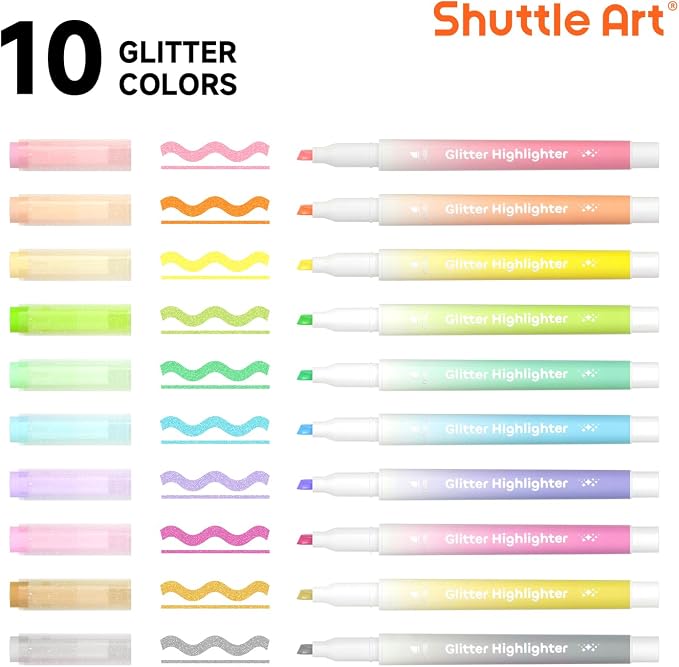 Shuttle Art Glitter Highlighters, 10 Sparkle Colors Chisel Tip Fluorescent Markers, Quick-Dry Non-Toxic Aesthetic Shimmer Highlighter Pens for Adults, Perfect for School Office Art Supplies