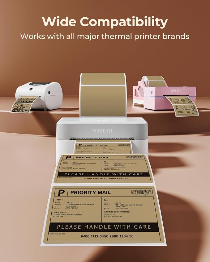 MUNBYN 4x3 Thermal Labels, 500 Sheets/1 Roll, Brown | Strong Adhesive & Perforated, Non BPA&BPS for Small Business, Shipping, Bakery, Clothing
