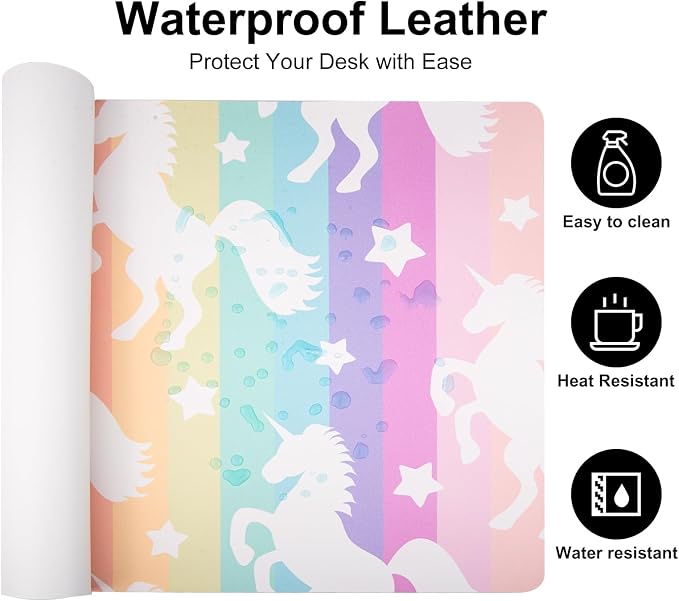 Colorful Star Pink Unicorn PU Leather Waterproof Desk Pad, 31.5" x 15.7" | Girls Women Cute Desk Mat, Rainbow Desk Accessories Kawaii Office Décor, Non-Slip Large Writing Mat for Kids