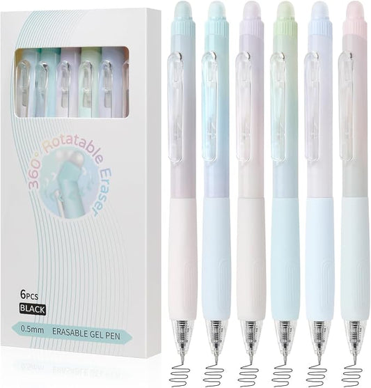 Erasable Pens, 6 Pack Fine Point 0.5mm Black Erasable Gel Pens with 360°Rotating Erasers, Make Mistakes Disappear, Comfort Grip for Drawing, Writing, Planning, and Crossword Puzzles (Black Ink)