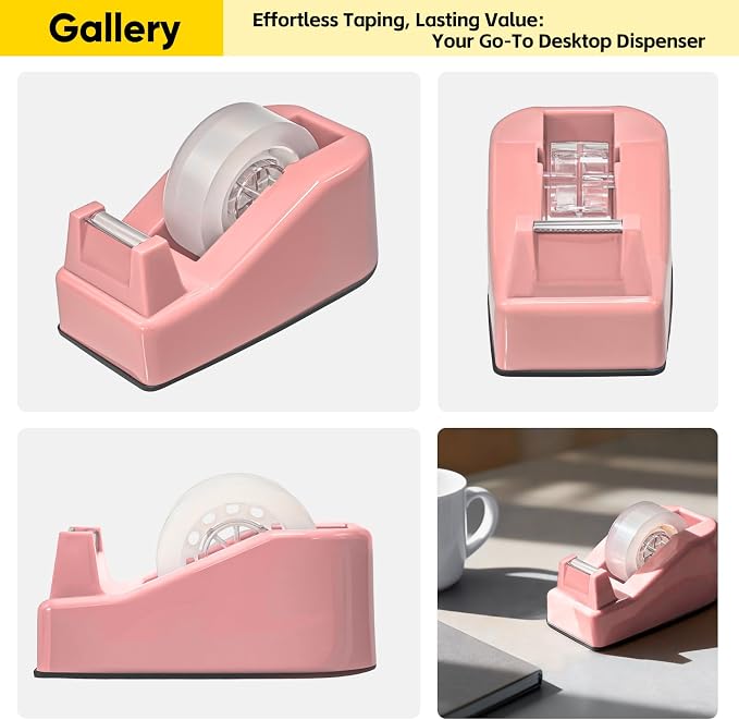Desktop Office Tape Dispenser, Fits Standard 1-Inch Core Tapes, Weighted Non-Slip Base, Sharp Metal Blade, Smooth Cutting, Adhesive Roll Holder for Office, School, Shop, Home & Business - Pink