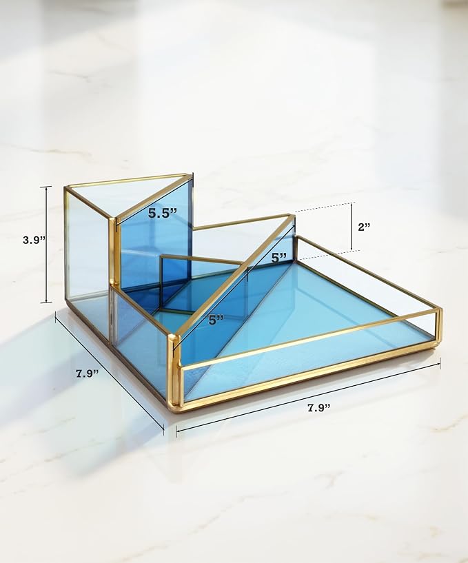 Gold & Blue Glass Desk Organizer - Elegant Office Decor, Aesthetic Makeup Brush Holder & Skincare Organizer, 4-Compartment Pen Holder, Pencil Cup, Vanity & Cosmetic Storage, Desk Accessories for Women