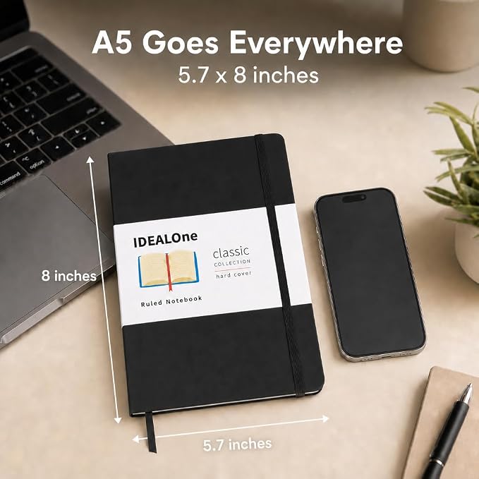 IDEALOne Black 5 pack, Hardcover Leather Journal Notebook Lined–A5 (5.7 x 8), College ruled Journaling Notebooks,160 pages, 100GSM Paper, Journal for Women,Men,Teens