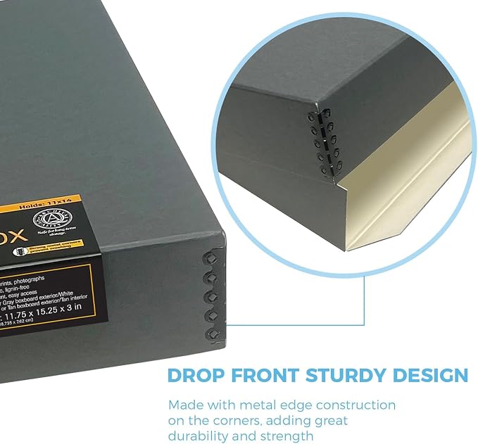 Lineco Drop Front Archival Storage Box, 11.75x15.25x3 in, Gray, 2 Pack | Acid-Free with Metal Edge, Preserves Picture Longevity, Organize Photos, Newspapers, Prints, Documents, Crafts, DIY