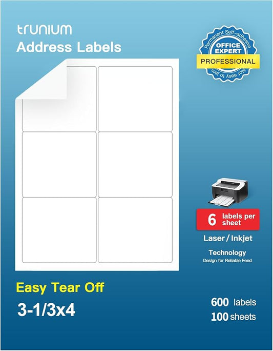 Address Labels, 3-1/3"x4 Shipping Address Labels for Inkjet & Laser Printers, Mailing Labels, Easy to Peel (600 Labels, 100 Sheets)