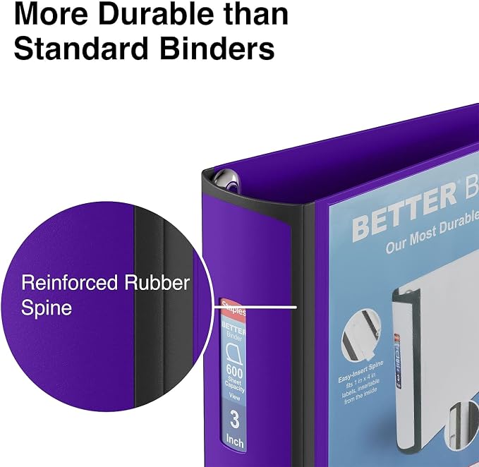 Staples Better Binder, 3" Heavy‑Duty D‑Ring 3‑Ring Binder, Purple, Reinforced Spine, 600‑Sheet Capacity, Durable Organizer for Office, School & Presentations, 2‑Pack