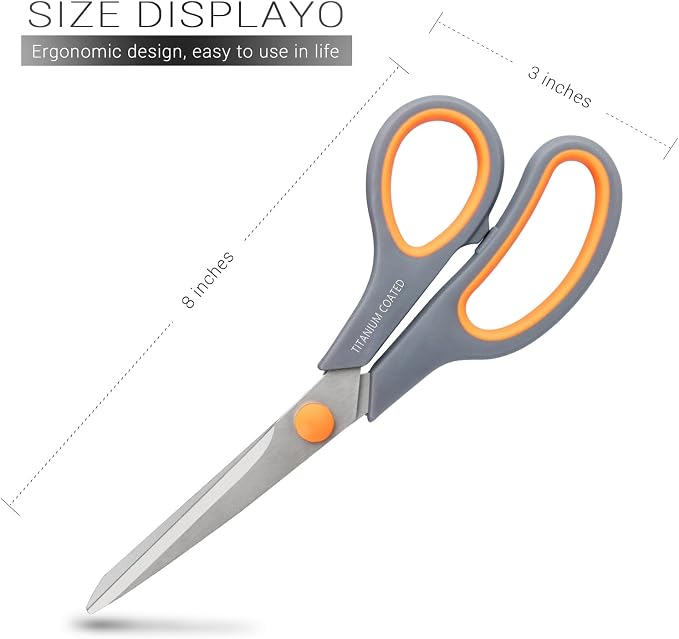 Scissors 8" Multipurpose Titanium Coated Sturdy Sharp, Gray, 1 Pack | Right/Left Handed Comfort-Grip Handles, for Office Home School, Sewing Fabric Craft Supplies