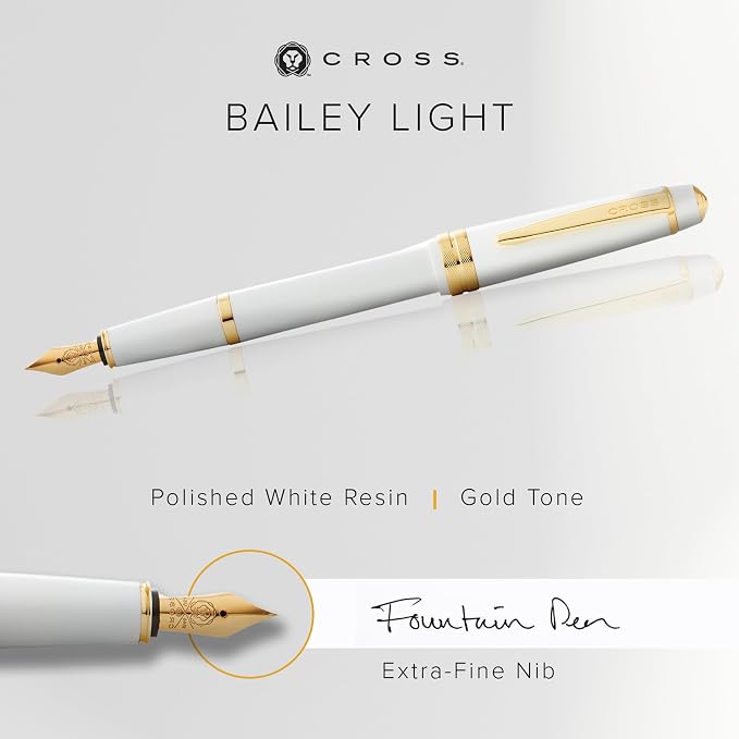 Cross Bailey Light Polished White Resin and Gold Tone Extra-Fine Nib Fountain Pen - Professional Pen for Effortless Writing - Journaling, Note-Taking & More - Black Ink - Easy Handling