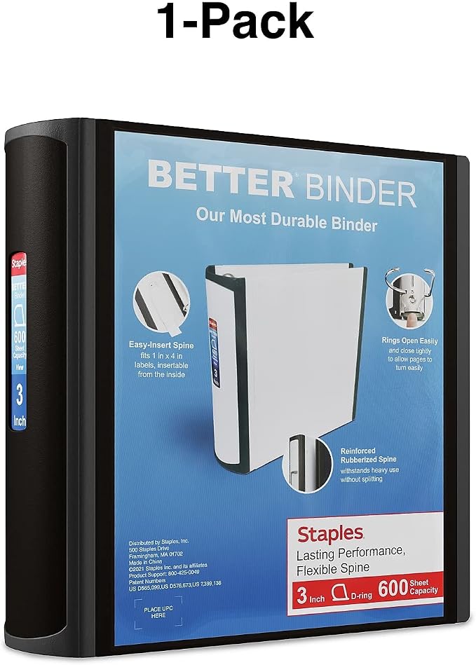 Staples Better 3-Inch D-Ring Binder, Black – Heavy-Duty 3-Ring Binder for School & Office Storage