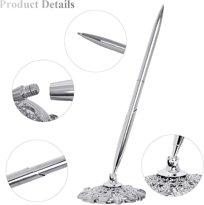 2 Pcs Silver Hollow Round Pen Holder Set Signing Desk Ballpoint Pens for Guest Book Wedding Birthday Party Graduation Teacher Office Business