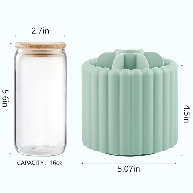 Rotating Makeup Brush Holder Organizer with Removable Dividers, Green | 7 Slots Make Up Brush Organizer 360 Spinning Cosmetic Storage Pen Holder for Desk, Vanity, Dresser