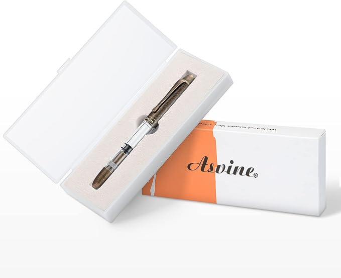 Asvine P30 Piston Fountain Pen Medium Nib, Retro Brass Style, Transparent Acrylic Large Ink Capacity Writing Gift Box