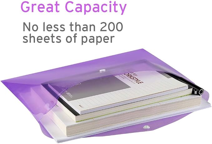 Sooez 12 Pack Folders Plastic Envelopes with Snap Closure, Clear Plastic File Folder for Document, Letter A4 Size Poly File Envelopes with Label Pocket for Home Work Office Organizer, 6 Colors