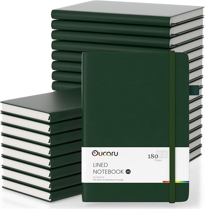 Oucaru Bulk 24 Pack A5 Lined Journal Notebook Set, 180 Pages 100 GSM Paper | Bulk 24 Pack Office Supply, 100 GSM Thick Paper No Ghosting, 180 Lined Pages, 180° Lay Flat, Pen Loop, Inner Pocket