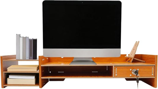 Computer Monitor Stand, Wooden Monitor Riser with Lockable Drawer and Storage, Multi Wooden Desktop Storage Stand for Laptop Printer Screen and Office Supplies Organizer, 25.2" x 7.87" x 5.33" (1 Drawer)