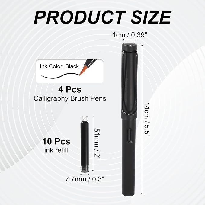 PATIKIL 4Pcs Calligraphy Brush Pens, Fountain Ink Brush Pen Refillable with 10Pcs Ink Refill for Writing Lettering Drawing Chinese Japanese Signature, Black