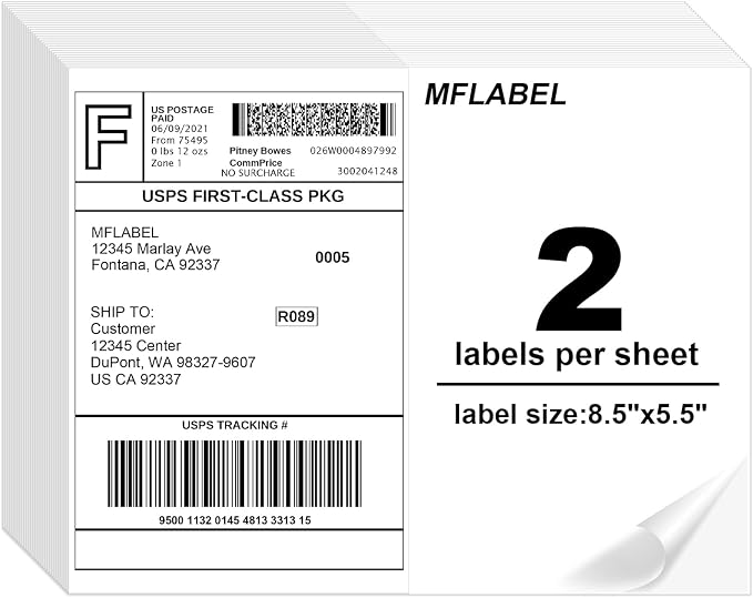 MFLABEL Half Sheet Shipping Labels 8.5x11 Inch - No Cut Needed! Self-Adhesive 8.5"x5.5" Labels for Laser/Inkjet (2000 Sheets = 4000 Labels) + Free 192 Fragile Stickers - FBA, UPS, FedEx