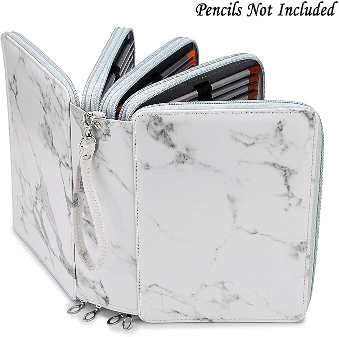 BTSKY 200 Slots Colored Pencil Organizer - Deluxe PU Leather Pencil Case Holder With Removal Handle Strap Pencil Box Large for Colored Pencils Watercolor Pencils White Marble